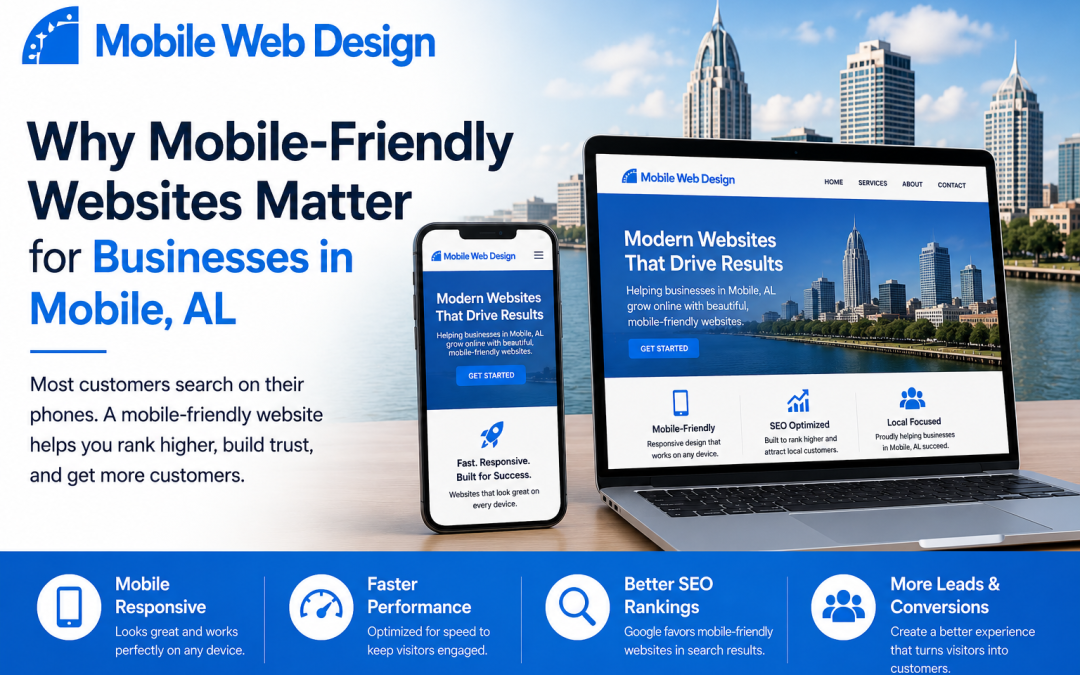 Mobile-friendly website design graphic for businesses in Mobile, AL featuring responsive desktop and smartphone website layouts with Mobile Web Design branding