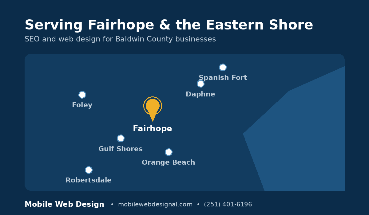 Map of Fairhope and surrounding Eastern Shore cities served by our SEO company