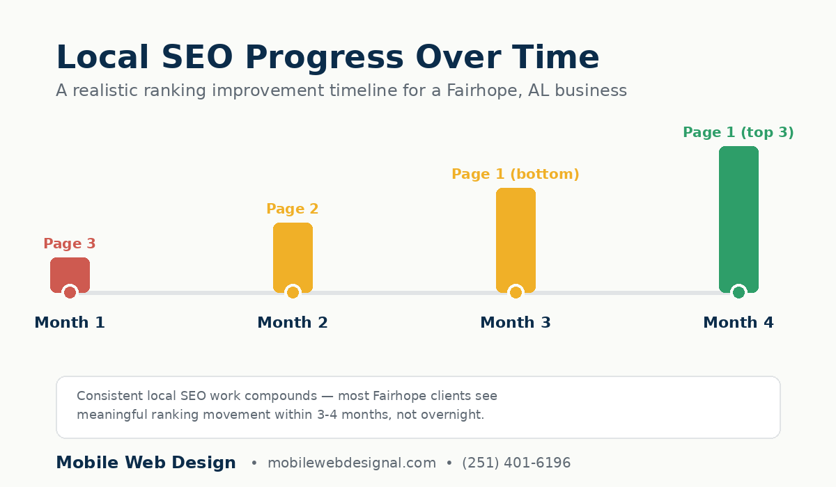 Title: Local SEO Ranking Timeline Fairhope AL<br />
Alt text: Timeline showing local SEO ranking improvement over four months for a Fairhope AL business