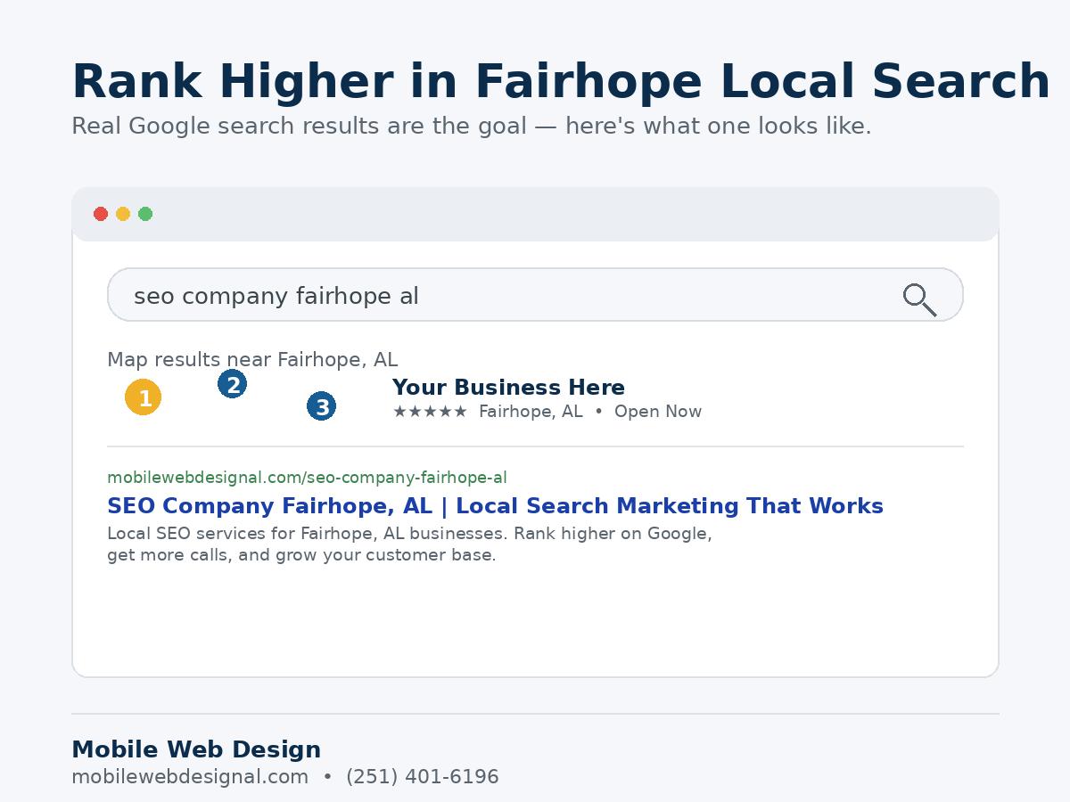 Example Google local search results for an SEO company in Fairhope, AL
