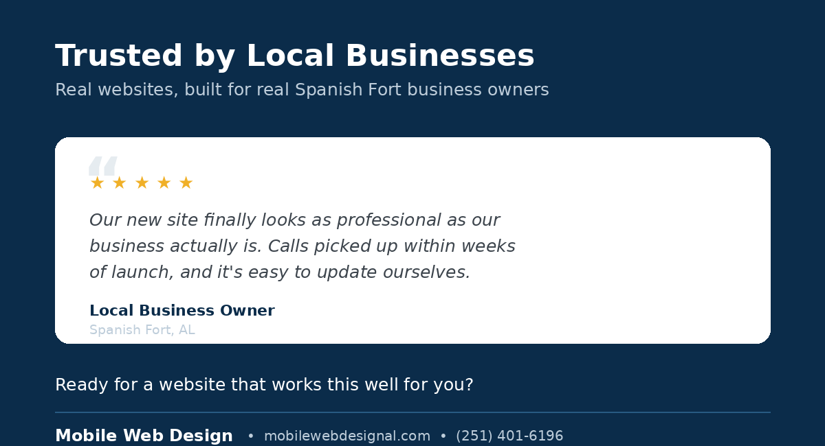 Client testimonial for website design services in Spanish Fort, AL